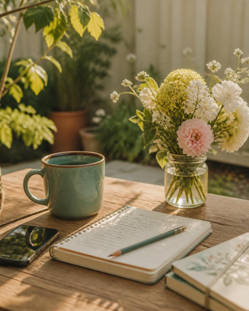 A sunlit garden desk with a notebook, teal mug, and fresh flowers