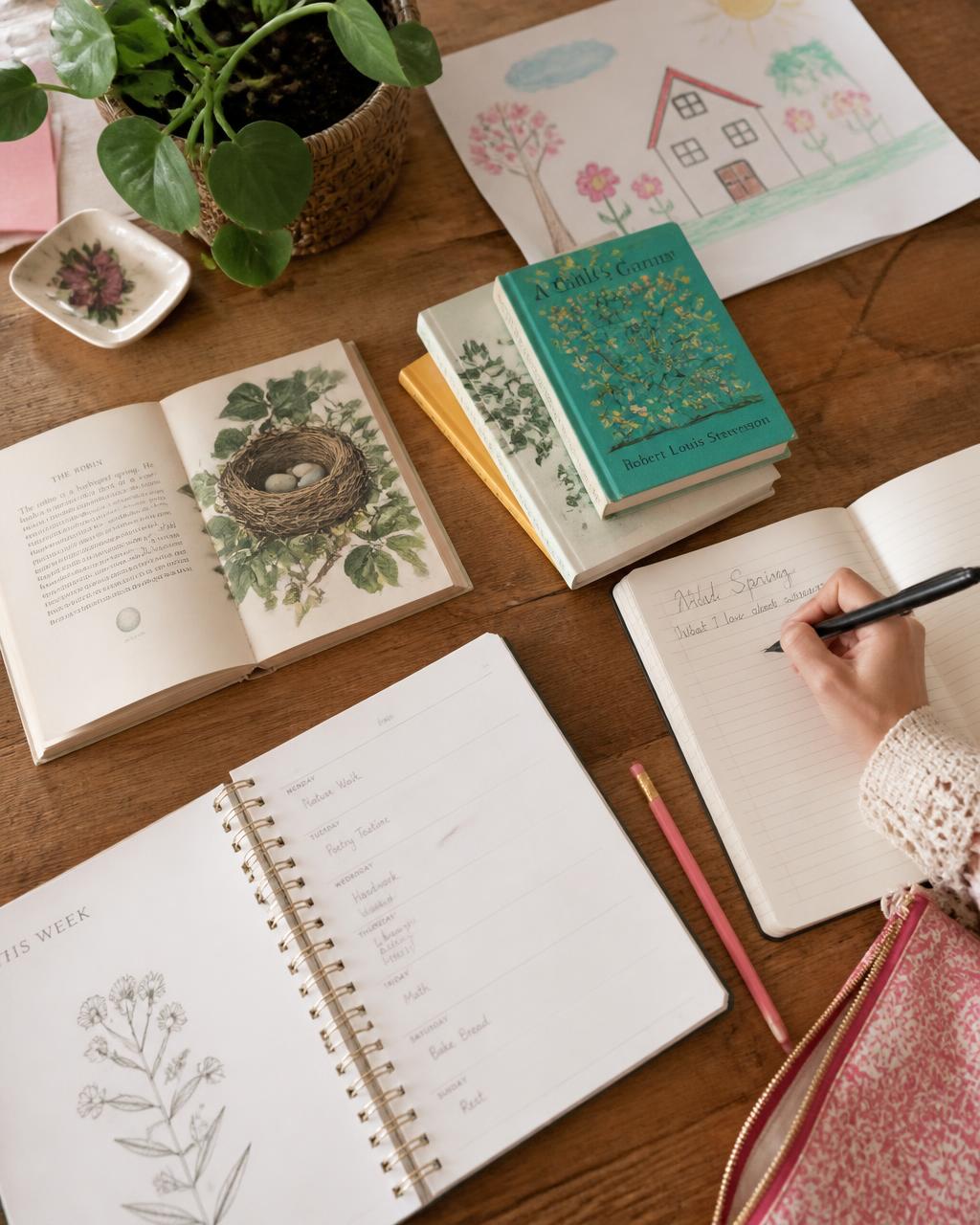 A real homeschool table with open books, a planner, and children's artwork